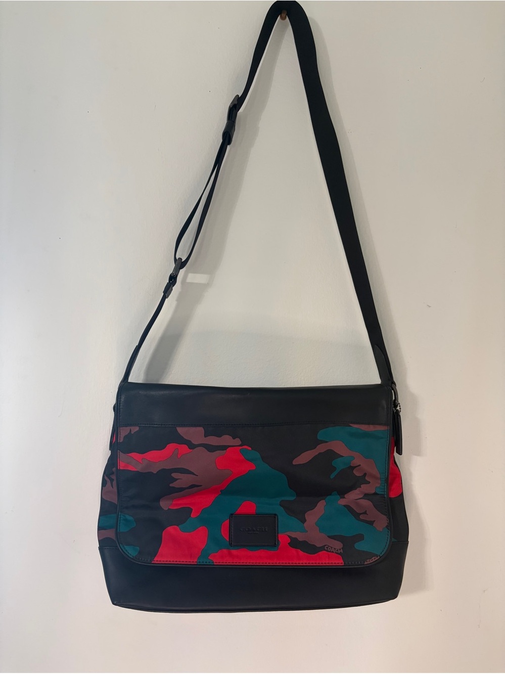 Coach Red and Teal Camouflage Print Crossbody